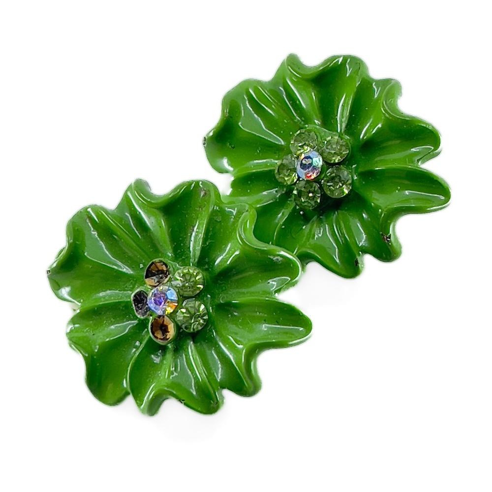 Green Enamel Flower Clip Earrings with Rhinestones - Costume Jewelry